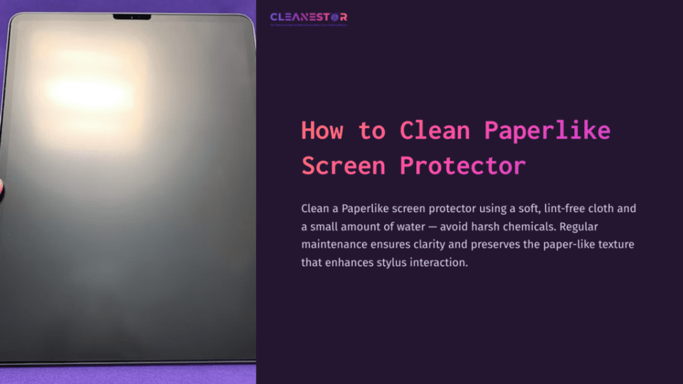 1 How To Clean Paperlike Screen Protector A Sleek Tablet Screen With A Soft Cloth Beside It, Set Against A Purple Background, Illustrating Screen Cleaning Tips.