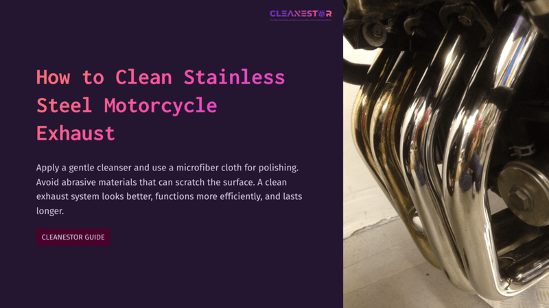 1 How To Clean Stainless Steel Motorcycle Exhaust Shiny Stainless Steel Motorcycle Exhaust With Multiple Pipes, Set Against A Light Background And Accompanied By Cleaning Tips In Text.