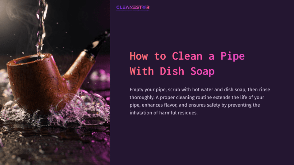 1 How To Clean A Pipe With Dish Soap A Wooden Smoking Pipe Sits On A Dark Surface, Water Splashes Around It, With A Purple Background Enhancing The Scene.