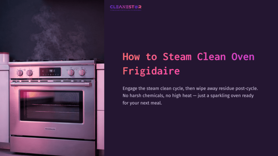 1 How To Steam Clean Oven Frigidaire Silver Frigidaire Oven With Steam Rising, Set Against A Dark Purple Background With White And Pink Text On How To Steam Clean.