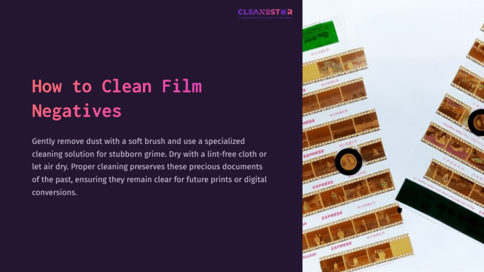 1 How To Clean Film Negatives A Layout Of Film Negatives In Varying Shades Of Brown, Accompanied By A Soft Brush And Cleaning Tools, Set Against A Purple Background.