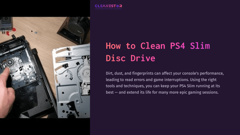 1 How To Clean Ps4 Slim Disc Drive 1 Close-Up Of A Hand Holding A Tool Over A Disassembled Ps4 Slim Disc Drive On A Wooden Surface, With A Grey Drive Component Visible.