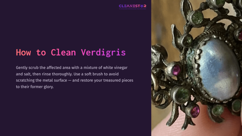 1 How To Clean Verdigris Close-Up Of A Tarnished Silver Pendant With Verdigris, Featuring Green Corrosion, Purple Gemstones, And A Shining Blue Center, Set Against A Dark Background.