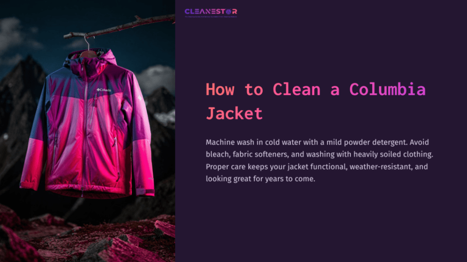 1 How To Clean A Columbia Jacket 1 Colorful Columbia Jacket Hanging Against A Mountainous Backdrop, Showcasing Vibrant Pink And Purple Shades, With Text About Cleaning Instructions.
