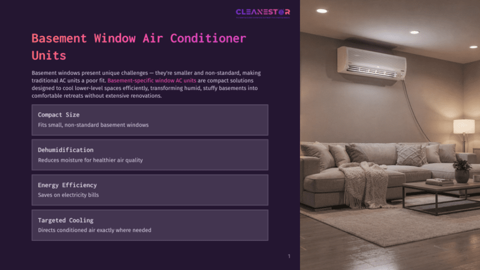1 Basement Window Air Conditioner Units Basement Window Air Conditioner Unit Installed In A Cozy Living Room With A Sectional Sofa And Coffee Table.