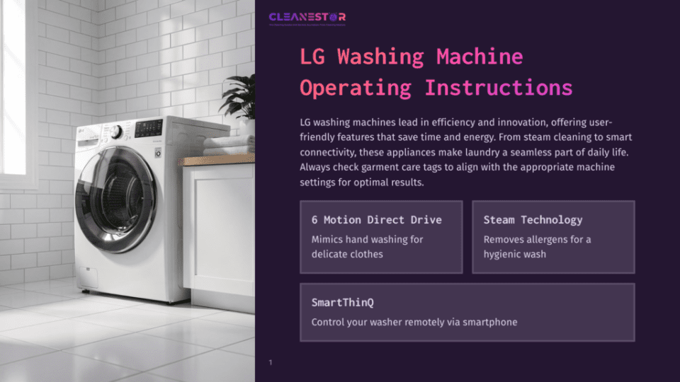 1 Lg Washing Machine Operating Instructions Lg Washing Machine With 6 Motion Direct Drive And Steam Technology, Shown In A Modern Laundry Room With White Tiled Walls And Wooden Countertops. Text Overlay Highlights Operating Instructions.
