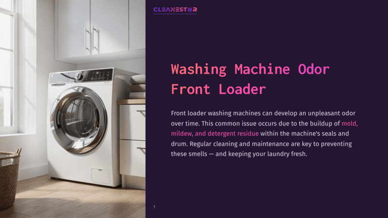 1 Washing Machine Odor Front Loader Front-Loading Washing Machine In A Clean, Bright Laundry Room. The Machine Is Silver And White, With A Glass Door. Shelves With Folded Towels Are Visible To The Right. The Cleanestor Logo And Title &Quot;Washing Machine Odor Front Loader&Quot; Are Visible On The Right.