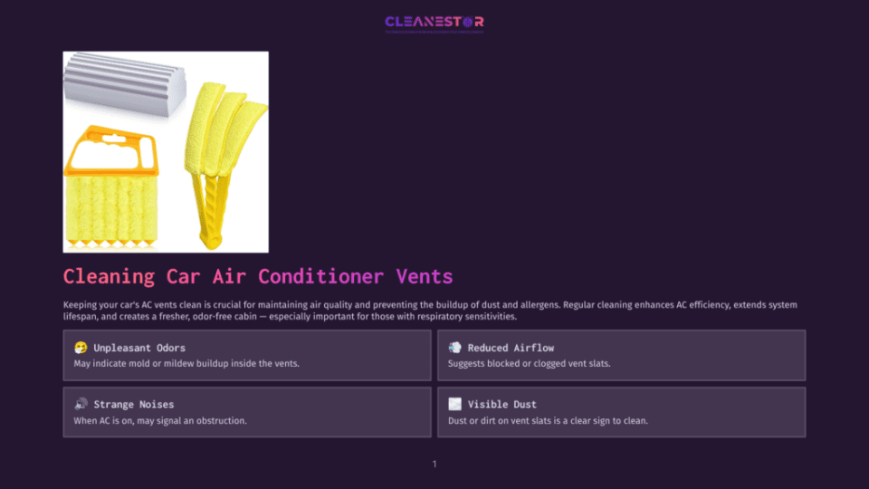 1 Cleaning Car Air Conditioner Vents Cleaning Car Air Conditioner Vents: A Yellow Vent Cleaning Brush And A Silver Vent Cleaner Tool Are Displayed Against A Dark Purple Background.