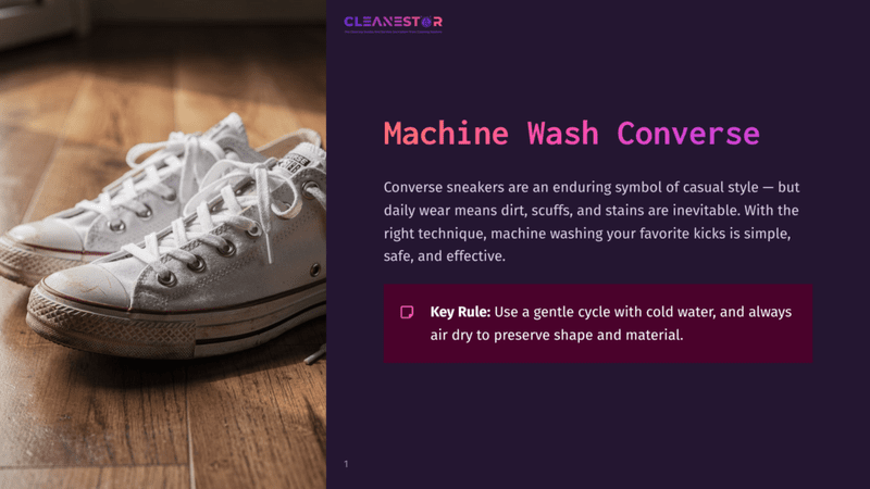 1 Machine Wash Converse White Converse Sneakers With Scuff Marks Sit On A Wooden Floor, With The Text &Quot;Cleanestor Machine Wash Converse&Quot; Visible On The Right.