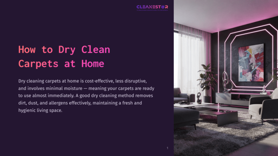 1 How To Dry Clean Carpets At Home A Modern Living Room Features A Plush Sofa And Vibrant Artwork, With Bright Neon Accents And Large Windows Allowing Natural Light.