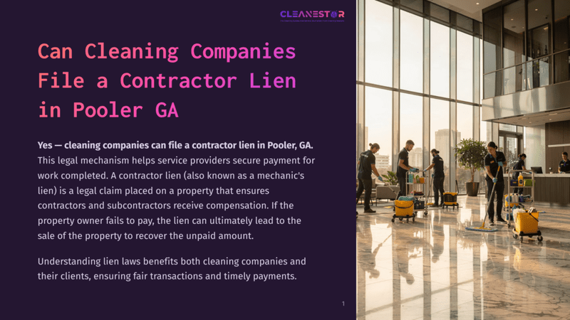 1 Can Cleaning Companies File A Contractor Lien In Pooler Ga A Modern, Sunlit Office Lobby With Polished Marble Floors, Where A Cleaning Crew In Blue Shirts And Yellow Gloves Mops And Vacuums. The Cleanestar Logo Is Visible.