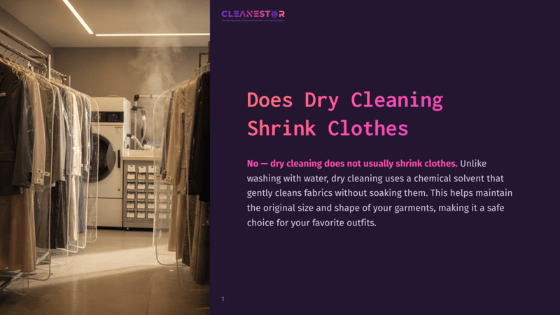 1 Does Dry Cleaning Shrink Clothes Cleanestor Logo Above A Dry Cleaning Facility With Rows Of Clothes On Racks, Some Covered In Plastic, And A Steam Machine In The Background. Text Reads &Quot;Does Dry Cleaning Shrink Clothes?&Quot; And &Quot;No - Dry Cleaning Does Not Usually Shrink Clothes.