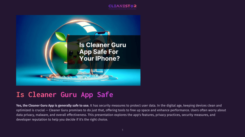1 Is Cleaner Guru App Safe A Glowing Green Apple And An Iphone Are Encased In A Transparent Bubble, Set Against A Vibrant Blue And Purple Background. The Text &Quot;Is Cleaner Guru App Safe For Your Iphone?&Quot; Is Superimposed On The Image.
