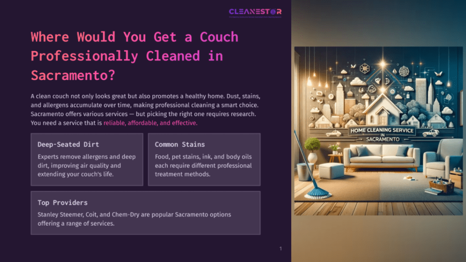 1 Where Would You Get A Couch Professionally Cleaned In Sacramento Illustration Of A Home Cleaning Service With A Bright, Welcoming Living Room And The Text &Quot;Home Cleaning Service Sacramento&Quot; On A Sign.