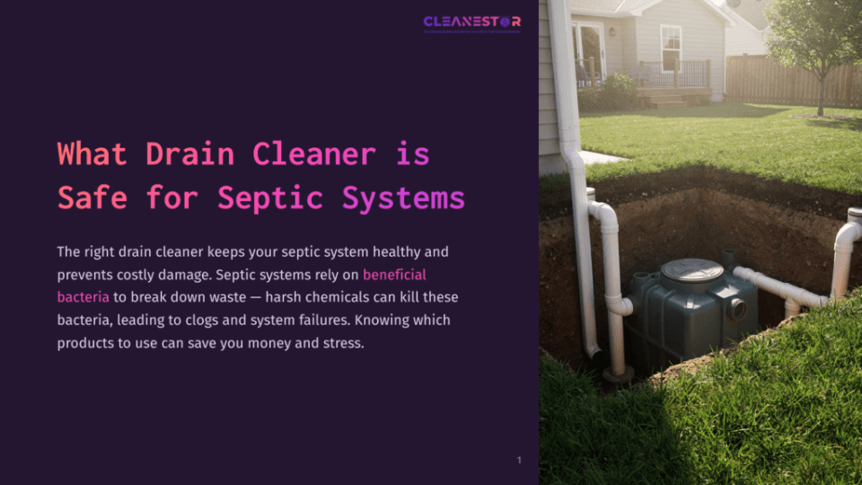 1 What Drain Cleaner Is Safe For Septic Systems A Modern Septic Tank System Is Installed In A Grassy Backyard, With Pipes Leading To And From The Green Tank. Text On The Left Reads &Quot;What Drain Cleaner Is Safe For Septic Systems?