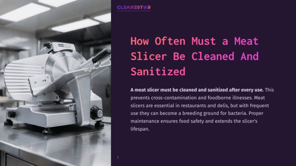 1 How Often Must A Meat Slicer Be Cleaned And Sanitized A Stainless Steel Meat Slicer On A Metal Countertop In A Clean, Bright Kitchen. The Slicer Is In Focus, With A Modern Design And Sharp Blades, Against A Dark Background With The Text &Quot;How Often Must A Meat Slicer Be Cleaned And Sanitizing&Quot; Displayed Prominently.