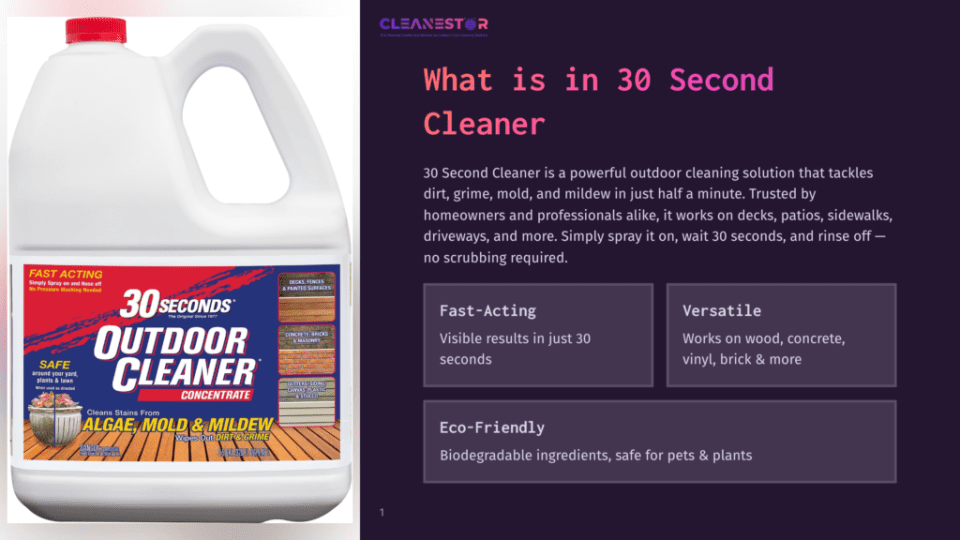 1 What Is In 30 Second Cleaner A White Plastic Jug Of &Quot;30 Seconds Outdoor Cleaner Concentrate&Quot; With A Red And Blue Label. The Label Features A Potted Plant And Text Including &Quot;Fast Acting,&Quot; &Quot;Safe Around Pets,&Quot; And &Quot;Home, Fences &Amp; Painted Surfaces.