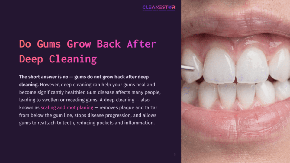 1 Do Gums Grow Back After Deep Cleaning Close-Up Of Healthy Pink Gums And White Teeth, With A Dental Tool Visible. Text Overlay Reads &Quot;Do Gums Grow Back After Deep Cleaning&Quot;.