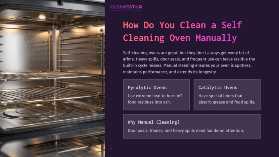 1 How Do You Clean A Self Cleaning Oven Manually Interior Of A Clean, Stainless Steel Self-Cleaning Oven With Racks, Lit Up. Text Overlay Reads &Quot;Cleanestor&Quot; And &Quot;How Do You Clean A Self Cleaning Oven Manually?&Quot;.