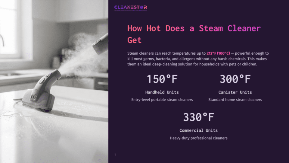 1 How Hot Does A Steam Cleaner Get A Handheld Steam Cleaner Spraying Hot Steam Onto A White Countertop, With Text Overlay &Quot;How Hot Does A Steam Cleaner Get?&Quot; And Temperature Details.