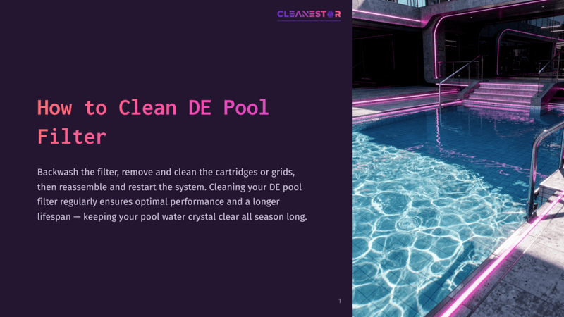 A Dark Purple Slide With &Quot;How To Clean De Pool Filter&Quot; In Large White Text. Below It, Instructions About Backwashing And Cleaning Pool Filters For Optimal Performance And Lifespan.