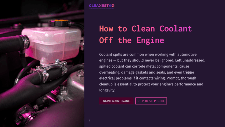 1 How To Clean Coolant Off The Engine Close-Up Of A Car'S Engine Coolant Reservoir, With A Hose And Clamps Visible. Text Overlay Reads &Quot;Cleanestor&Quot; And &Quot;How To Clean Coolant Off The Engine&Quot;.