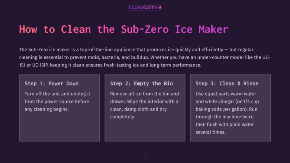 1 How To Clean The Sub Zero Ice Maker Cleanestor Logo With Text &Quot;How To Clean The Sub-Zero Ice Maker&Quot; And Three Steps: &Quot;Step 1: Power Down,&Quot; &Quot;Step 2: Empty The Bin,&Quot; And &Quot;Step 3: Clean &Amp; Rinse.