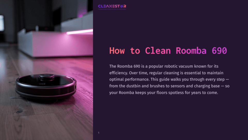 1 How To Clean Roomba 690 A Black Roomba 690 Robotic Vacuum Cleaner Is Shown On A Light Wood Floor, With A Pink Neon Light Reflecting On Its Surface And The Floor. The Text &Quot;Cleanestor&Quot; And &Quot;How To Clean Roomba 690&Quot; Are Visible On The Right.