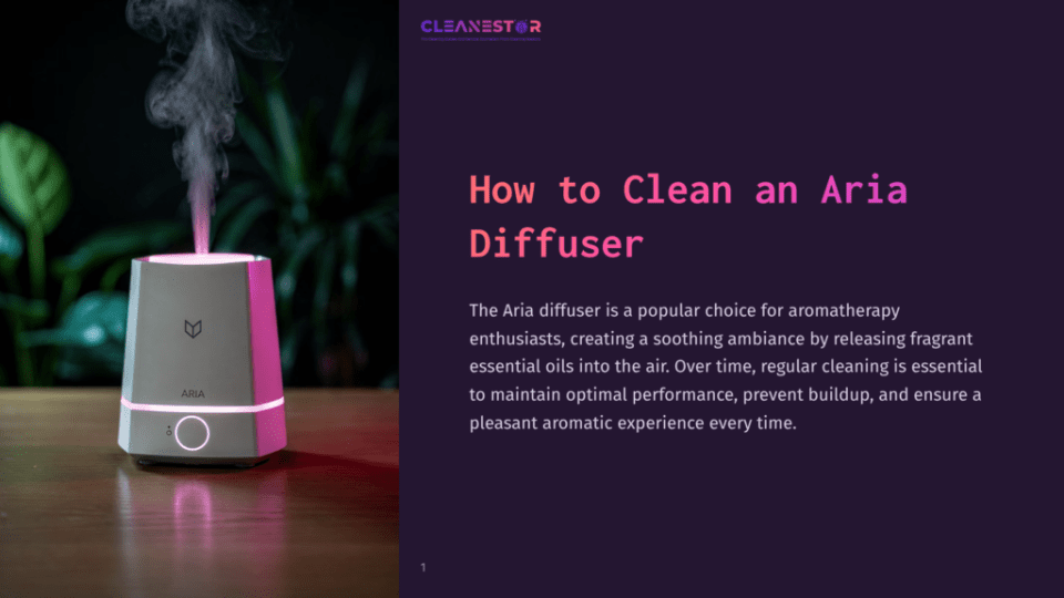 1 How To Clean An Aria Diffuser 1 A Modern White Aria Diffuser Emits A Gentle Plume Of Pink-Tinted Steam, Illuminating A Wooden Table In A Dimly Lit Room With Lush Green Plants In The Background.