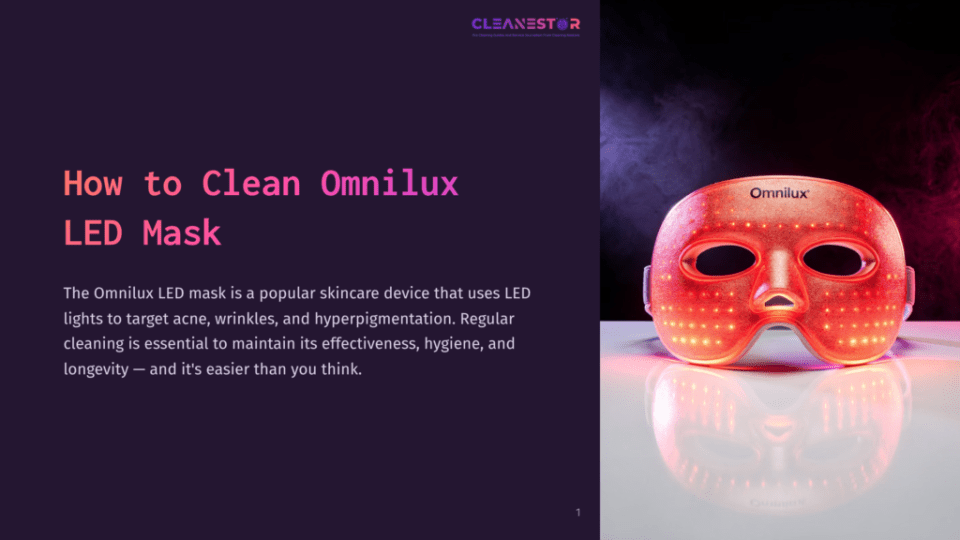 1 How To Clean Omnilux Led Mask A Red Omnilux Led Mask With Illuminated Red Lights Rests On A Reflective White Surface, With A Smoky Purple And Blue Background.