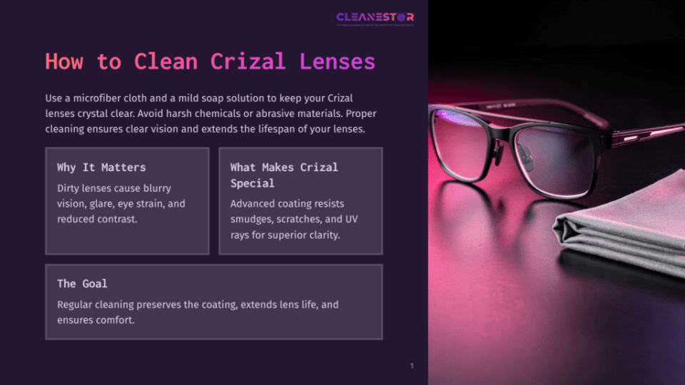 1 How To Clean Crizal Lenses Black Crizal Lenses Glasses And A Microfiber Cloth On A Dark, Moody Background With Pink And Purple Lighting. Text Overlay Reads &Quot;How To Clean Crizal Lenses&Quot;.