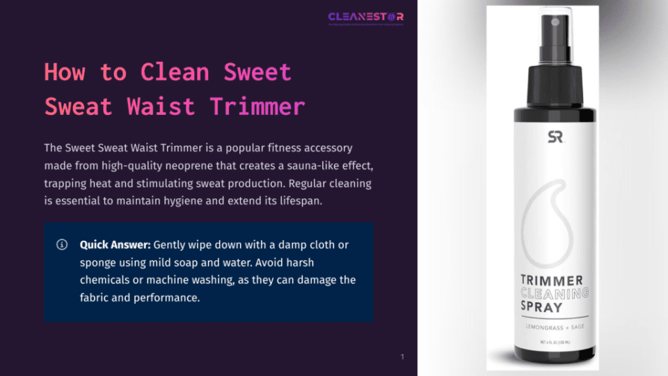 1 How To Clean Sweet Sweat Waist Trimmer A Sleek Black Bottle Labeled &Quot;Trimmer Cleaning Spray&Quot; With A Black And White Label Is Displayed On A White Background. The Spray Bottle Has A Black Nozzle And A White Body.