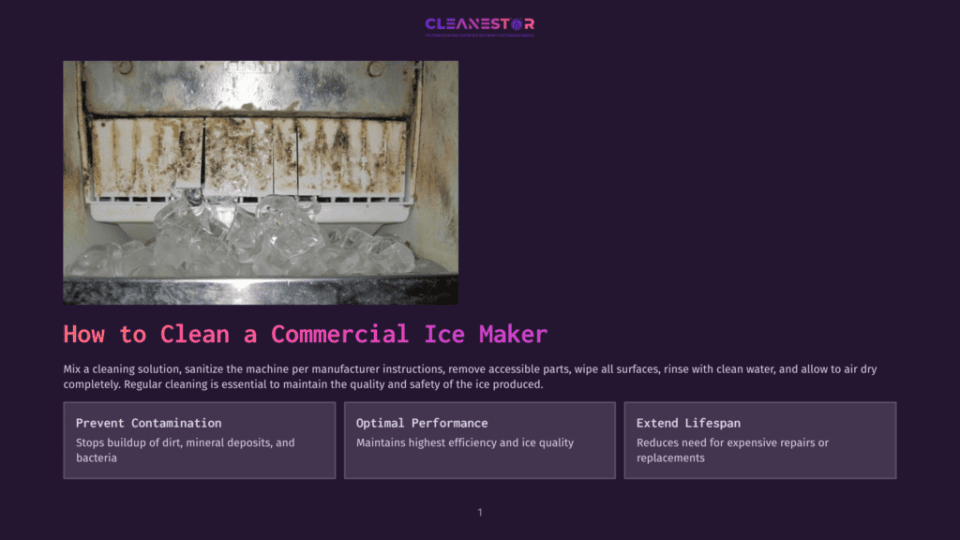 1 How To Clean A Commercial Ice Maker A Commercial Ice Maker With Dirty Ice Bin And Grimy Ice Molds, With The Text &Quot;How To Clean A Commercial Ice Maker&Quot; Overlayed.