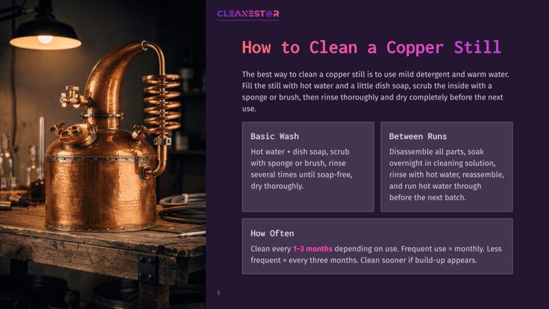 1 How To Clean A Copper Still A Copper Still, With Intricate Detailing, Stands On A Rustic Wooden Surface, Illuminated By A Warm Overhead Light. A Small Bottle Of Liquid Sits Next To It, Indicating The Process Of Cleaning The Still. The Setting Suggests A Workshop Or Home Laboratory Environment.