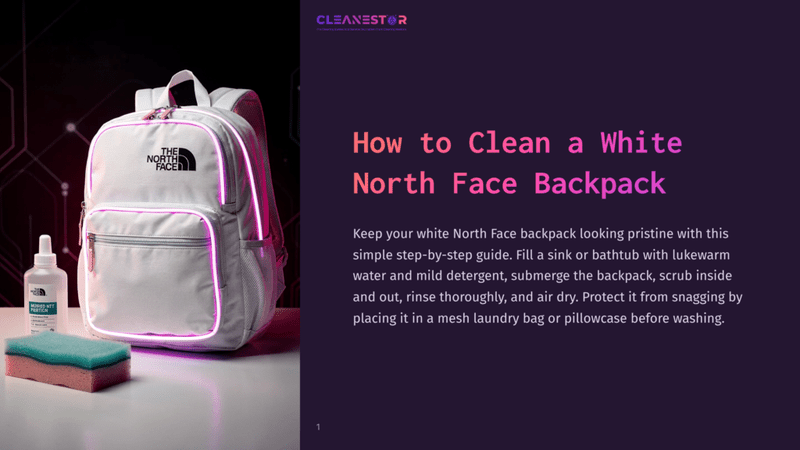 1 How To Clean A White North Face Backpack A White Backpack With &Quot;The North Face&Quot; Branding And Pink Led Lighting Sits Next To A Bottle Of Cleaning Solution And A Sponge On A Dark Background, With A Purple Banner Reading &Quot;How To Clean A White North Face Backpack&Quot;.
