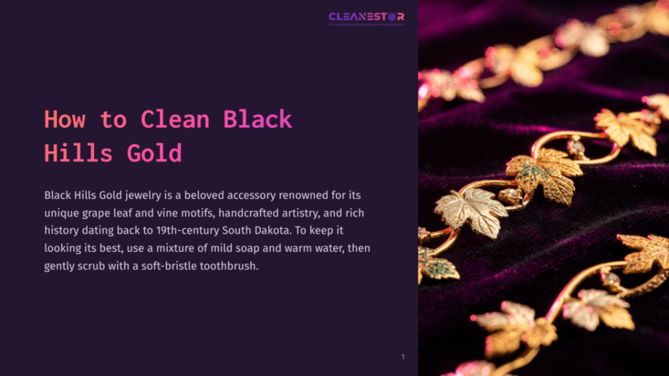 1 How To Clean Black Hills Gold Close-Up Of A Luxurious Gold Necklace With Intricate Grape Leaf And Vine Motifs, Resting On A Deep Purple Velvet Background. The Jewelry Is Detailed And Appears To Be Black Hills Gold.