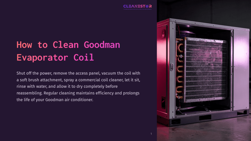 1 How To Clean Goodman Evaporator Coil Close-Up View Of An Opened Goodman Air Conditioner'S Evaporator Coil With A Purple Background. The Coil, Featuring Copper Tubes And Fins, Is Exposed After Removing The Access Panel. Instructions On The Left Side Guide Users On How To Clean It.