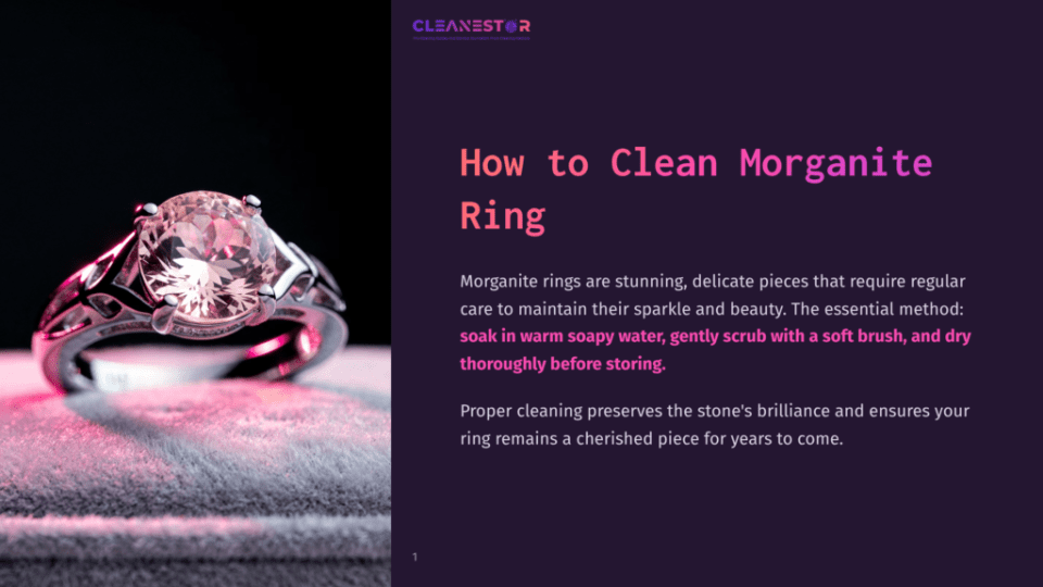 1 How To Clean Morganite Ring Close-Up Of A Stunning Morganite Ring With A Large, Pink Gemstone Set In A Silver Band, Resting On A Grey Velvet Ring Box. Text Overlay Reads &Quot;How To Clean Morganite Ring&Quot;.