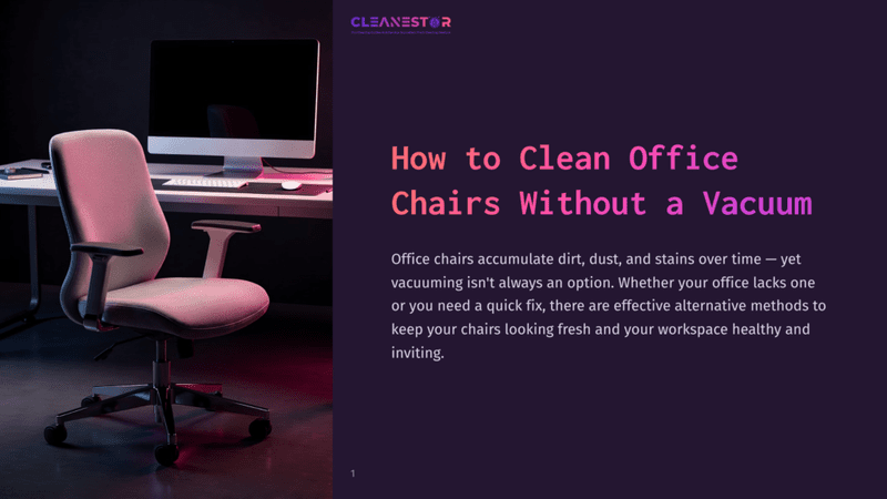 1 How To Clean Office Chairs Without A Vacuum An Ergonomic Office Chair In A Light Gray Fabric Sits In Front Of A Desk With A Computer And A Dark Background, Featuring The Text &Quot;Cleanestor How To Clean Office Chairs Without A Vacuum&Quot;.
