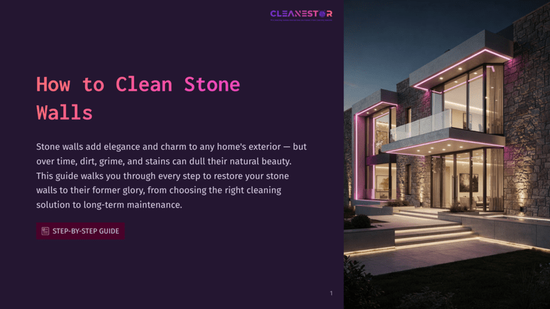 1 How To Clean Stone Walls Modern Stone Wall House At Night, Illuminated By Pink And White Lights, With Large Glass Windows Reflecting The Exterior. Text Overlay Reads &Quot;How To Clean Stone Walls&Quot; And &Quot;Cleanestar&Quot;.