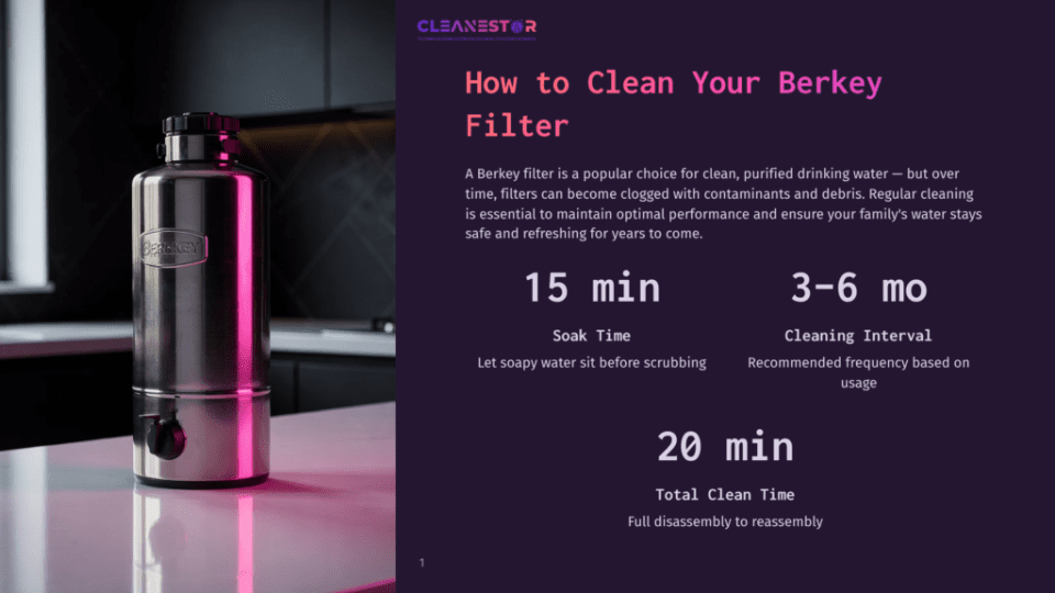 1 How To Clean Your Berkey Filter A Stainless Steel Berkey Water Filter With A Black Lid On A Pink Countertop, Showcasing The Recommended Cleaning Interval Of 3-6 Months And Total Clean Time Of 20 Minutes.