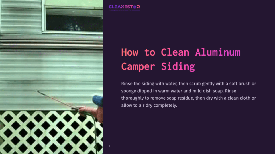 1 How To Clean Aluminum Camper Siding Person Cleaning Aluminum Siding With A Sponge, Using A Garden Hose, Against A Backdrop Of Light-Colored Camper Siding And A Lattice Fence.