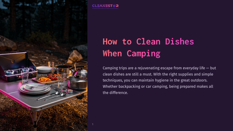 1 How To Clean Dishes When Camping A Camping Setup With A Portable Stove, Glowing Lights, And A Table Set With Dishes, Cookware, And Food In A Forested Setting.