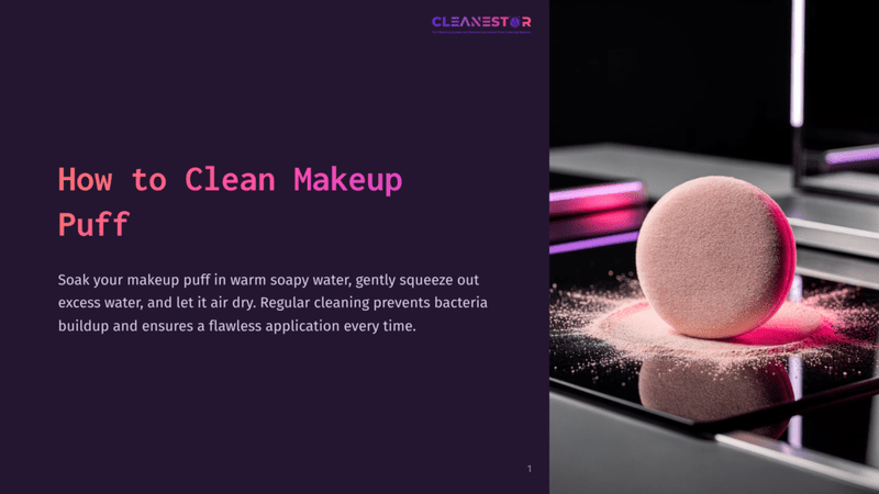 1 How To Clean Makeup Puff A Pink Makeup Puff Rests On A Reflective Surface, With A Dark Background And Purple Accents Highlighting Cleaning Tips.