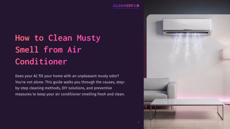 1 How To Clean Musty Smell From Air Conditioner A Modern Living Room With A White Sofa And Coffee Table, Featuring A Wall-Mounted Air Conditioner Blowing Cool, Misty Air. The Text &Quot;How To Clean Musty Smell From Air Conditioner&Quot; Is Prominently Displayed.