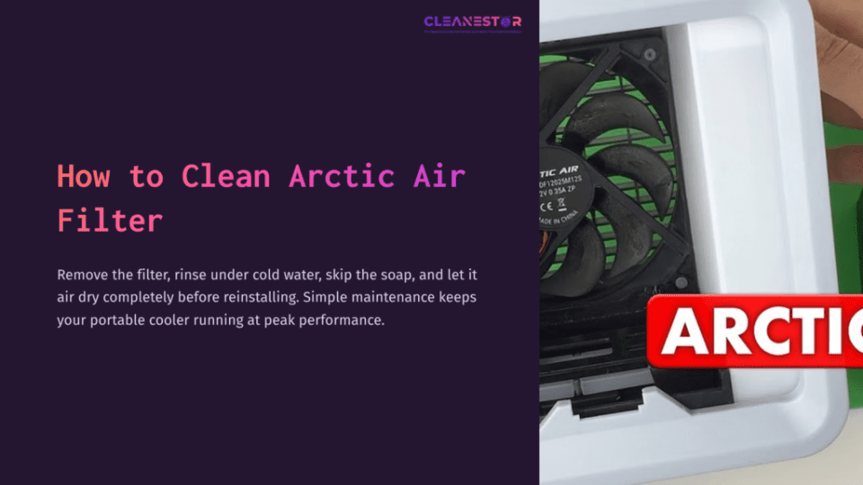 Close-Up Of An Arctic Air Filter With Visible Fan And Grid, Accompanied By Cleaning Instructions On A Contrasting Purple Background.