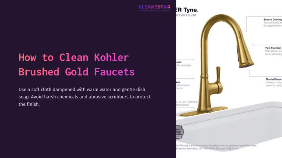 1 How To Clean Kohler Brushed Gold Faucets Brushed Gold Faucet On A White Sink, Accompanied By Cleaning Tips Emphasizing Gentle Care To Maintain Its Finish.