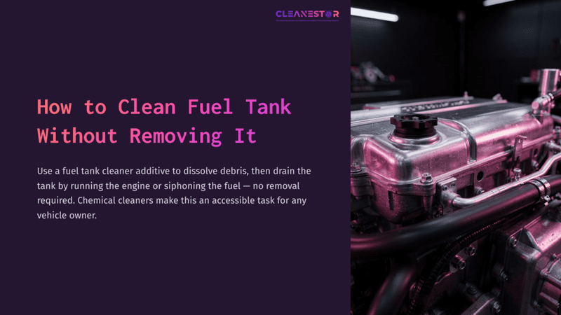 1 How To Clean Fuel Tank Without Removing It Title Style Text On The Left Alongside A Shiny Engine In A Dimly Lit Garage, Featuring Purple And Black Tones, Emphasizing A Clean Appearance.