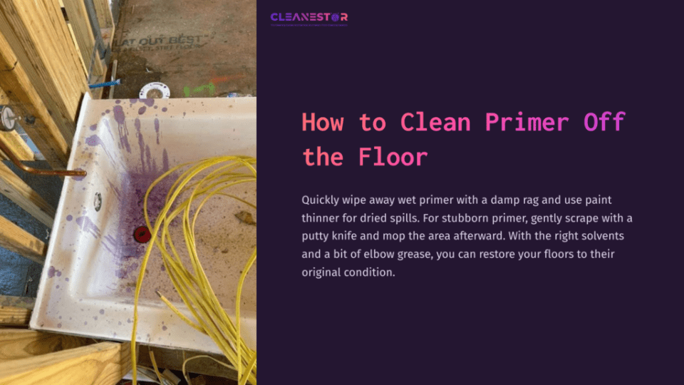 1 How To Clean Primer Off The Floor A White Sink With Purple Primer And Paint Tools, Surrounded By Yellow Cables And Splatters On A Wooden Floor.