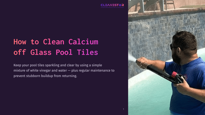 1 How To Clean Calcium Off Glass Pool Tiles A Person Sprays Water On Glass Pool Tiles From A Hose, Demonstrating Cleaning Techniques. The Pool Water Is Bright Blue, And Tiles Are Light.